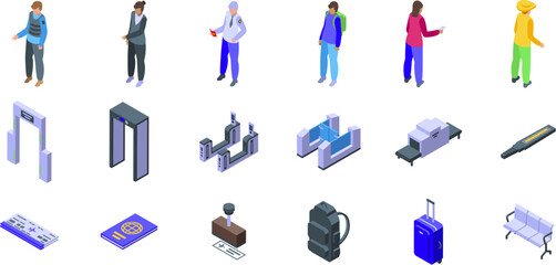 Passport border control icons set. Airport security check process with passengers undergoing screening, presenting documents, and luggage being scanned