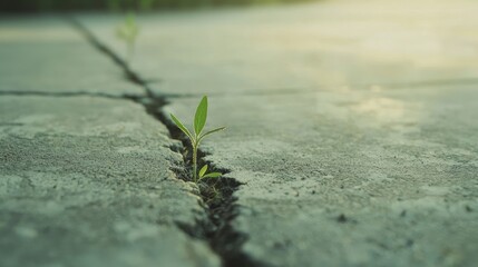 Fototapeta premium Resilient Nature: Close-up of Cracked Sidewalk with Weeds, Symbolizing Economic Hardship and Strength in Textures and Details