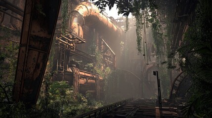 Industrial Decay: Abandoned Factory Overtaken by Nature in Dramatic Light