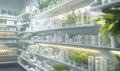 Bright herbal supplements displayed on pharmacy shelving