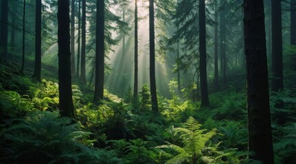 Fototapeta premium lush green forest on a misty fog