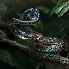 Obraz premium blue viper snake on branch viper snake ready to attack blue insulars animal closeup