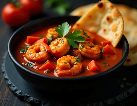 A close-up view of a spicy red curry dish, shrimp, served in a black bowl. The dish is garnished with fresh herbs, some type of flatbread with plate
