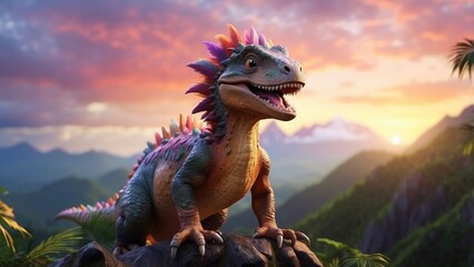  An cute young dinosaur with silky feathers and large, colorful eyes roaring on a mountain with a...