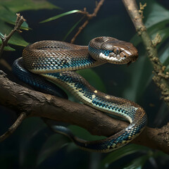 Fototapeta premium blue viper snake on branch viper snake ready to attack blue insulars animal closeup