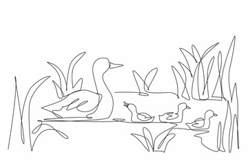Naklejka premium Single one line drawing a duckling family enjoying a peaceful day in a wetland. The importance of preserving vital ecosystems. Balance. World Wetlands Day. Continuous line design graphic illustration