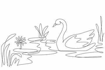 Single continuous line drawing a swan is gracefully swimming in a wetland. The beauty and elegance of nature. Combining to create tranquility. World Wetlands Day. One line design vector illustration