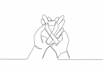 Single one line drawing ribbons form the cancer campaign symbol on both palms. Sign. Symbol requires more attention. Avoid cancer. Aware. World Cancer Day. Continuous line design graphic illustration