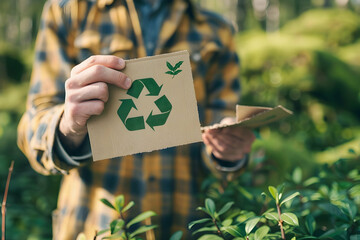 Panoramic crop of man holding card with recycle symbol outdoors, ecology concept
