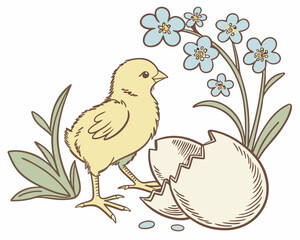 Obraz premium A vintage illustration of a yellow chick standing on a broken eggshell surrounded by delicate blue flowers and greenery