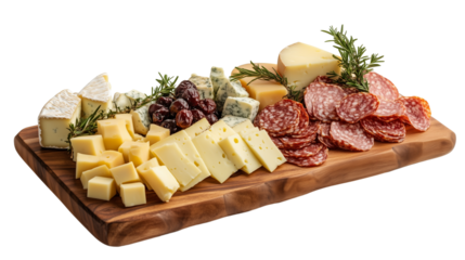 Cheese platter with assorted cheeses and salami isolated on transparent background