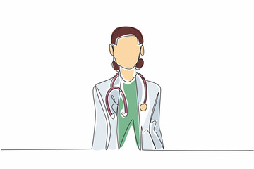 Continuous one line drawing a female doctor standing confidently with a stethoscope around neck. Professionalism. Expertise. National Women Physicians Day. Single line draw design vector illustration