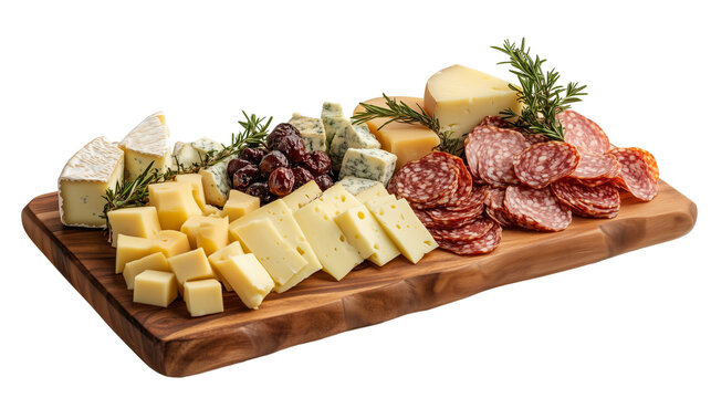 Cheese platter with assorted cheeses and salami isolated on transparent background
