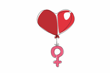 Continuous one line drawing heart-shaped balloon, floats above female gender symbol. Balloon represents love, care and compassion. National Wear Red Day. Single line draw design vector illustration