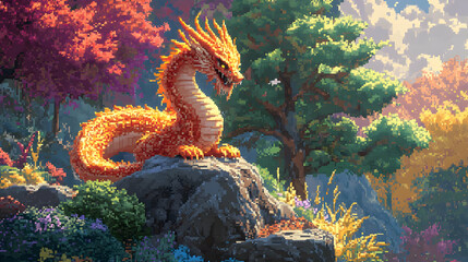 Golden Dragon Illustration in a Pixel Art Forest
