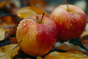 selective focus of ripe tasty apples and autumnal leaf, panoramic shot