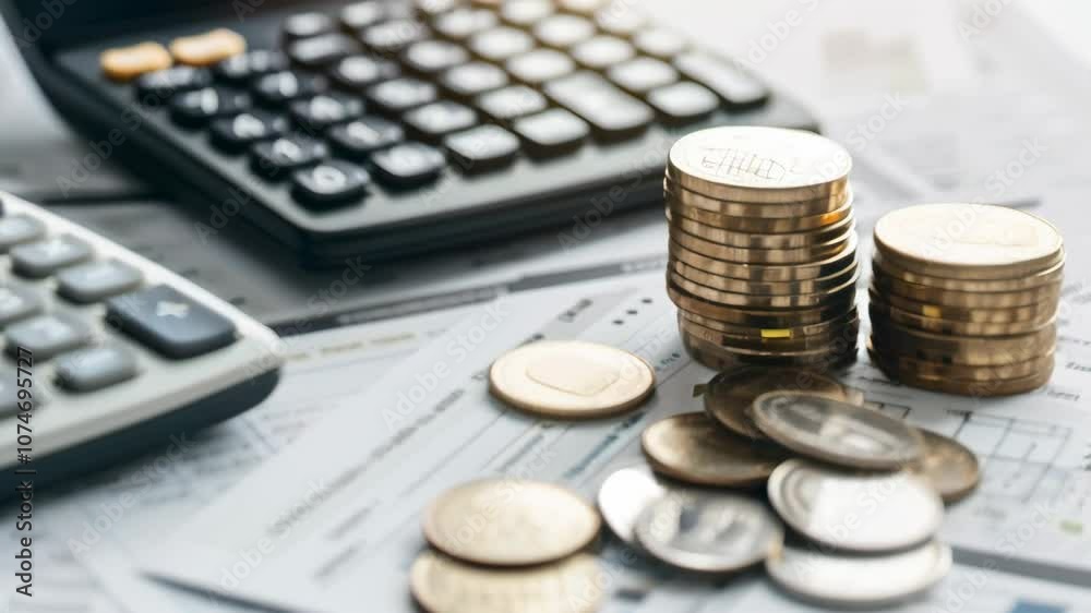 Poster Shiny coins on financial documents with calculators hint at analyzing spending for effective budgeting and wealth building