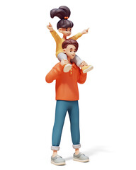 Young excited happy asian brother giving his cute kawaii sister a piggyback ride. Two people in colorful fashion casual red blue yellow clothes having fun together. 3d render isolated white backdrop