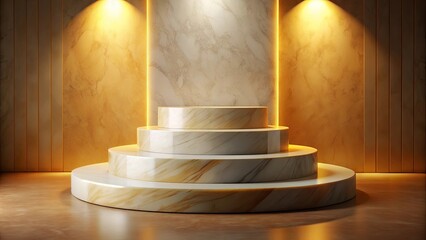 A  marble pedestal with a  golden  background  illuminated  by  soft spotlights  in  a  minimalist  setting.