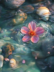 Pink flower floating on water with seashells and pebbles.