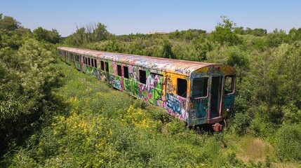 Fototapeta premium Vibrant Depiction of Economic Despair: Abandoned Train Car Covered in Graffiti