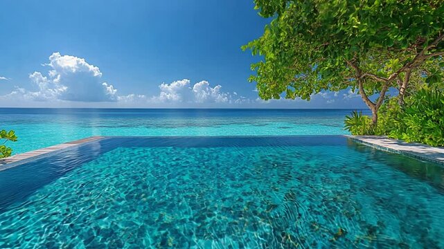 A luxurious infinity pool overlooks a picturesque, turquoise ocean under a bright, sunny sky.