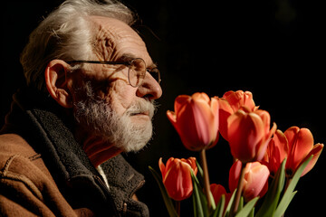 Pensive senior man holding tulips and looking away  isolated on black, spring holiday concept