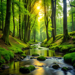 Fototapeta premium a forest scene with a stream and trees with green