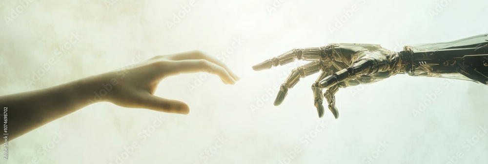 Aufkleber a human hand reaches out to connect with a robotic hand, representing the relationship between techn