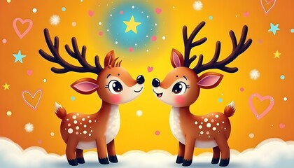 Naklejka premium Adorable Reindeer Couple Christmas Card Design