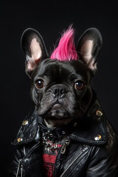 Portrait of punk style French bulldog. Ai generative art