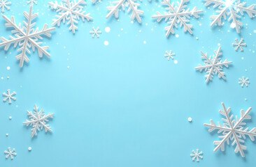 White snowflakes around an empty light blue background. Merry Christmas and New Year minimalist greeting card, postcard with copy space, mock up
