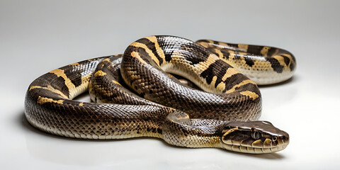 Obraz premium a coiled snake with various unique patterns and types, lying on a white background. Realistic view. created with generative AI