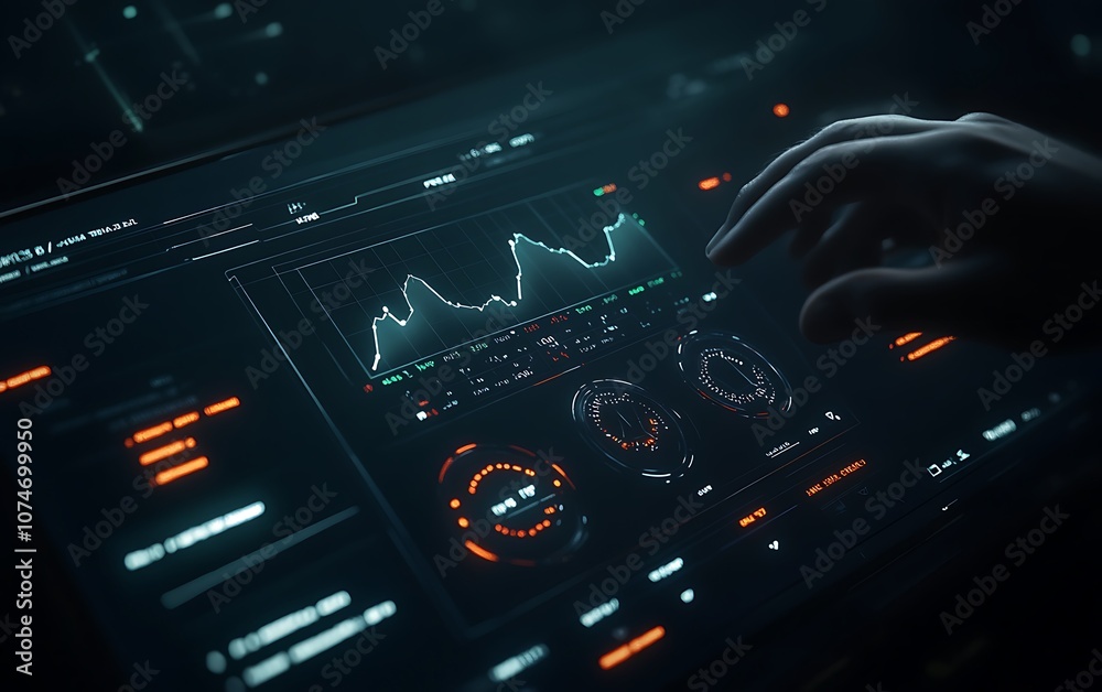 Fototapete A human hand interacts with a glowing digital interface displaying graphs and data, suggesting advanced technology and data analysis.