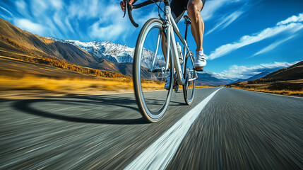 A cyclist speeds along a wide open road bordered by vast mountains, enjoying the sunlight and picturesque landscape on a beautiful afternoon.