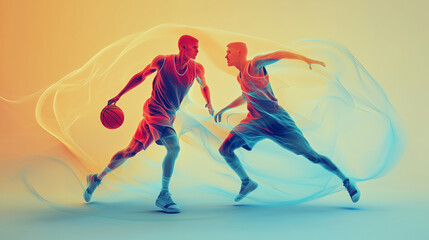 Two basketball players fiercely compete in a one-on-one matchup, showcasing their skills while vibrant colors swirl around them, evoking energy and intensity.