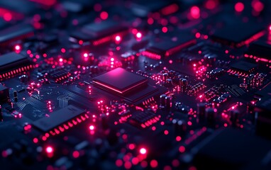 Obraz premium A visually striking close-up of a circuit board with glowing pink lights, illustrating the intricate details of technology and electronic components.