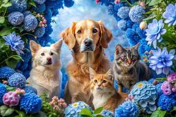 Captivating Scene of Pets Surrounded by Blue Floral Frame Featuring a Golden Retriever, Corgi, Tabby Cat, and Maine Coon Cat in a Vibrant Natural Setting