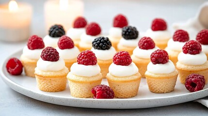 Delectable miniature dessert platter featuring an assortment of bite size pastries and confections garnished with fresh raspberries and blackberries set against a romantic candlelit background