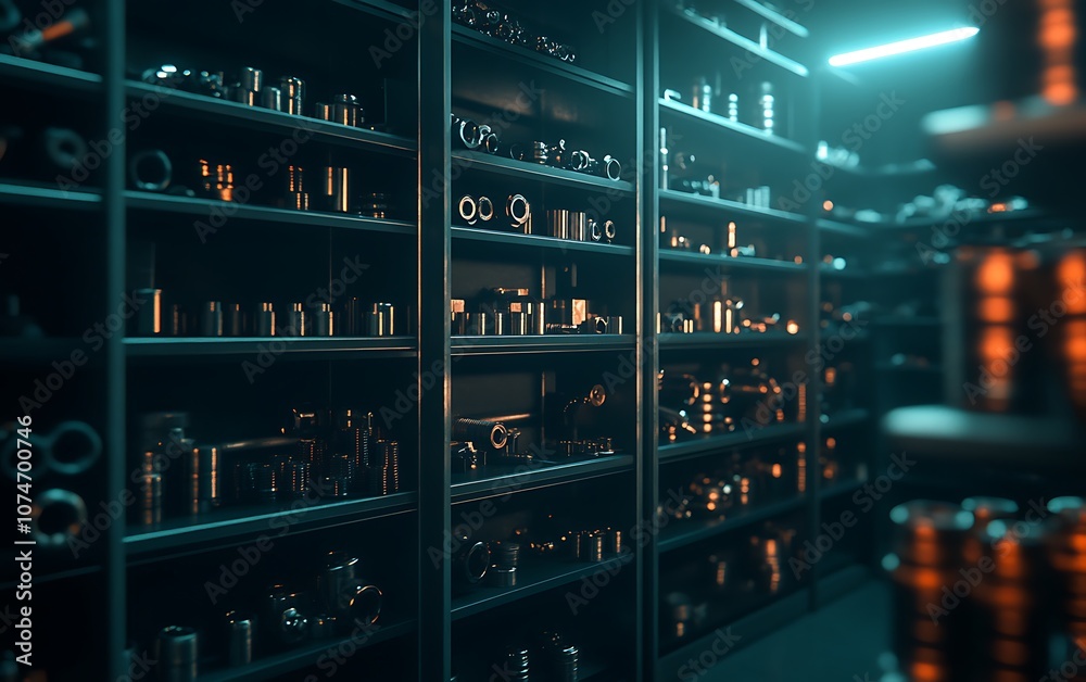 Poster A dimly lit storage area filled with various metallic components organized on shelves, creating an industrial and organized atmosphere.