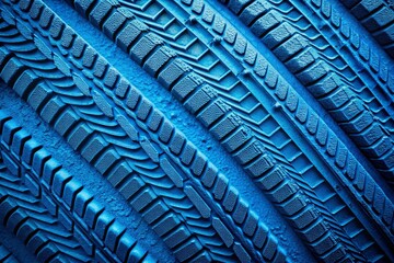 Fototapeta premium Close-Up Photography of Detailed Tire Treads with Striking Blue Coloration Showcasing Patterns and Traces Ideal for Automotive and Industrial Themes