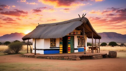 A traditional Ndebele hut in a beautiful South African setting at sunset-