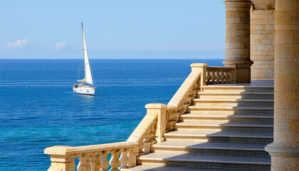Fototapeta premium Stunning coastal view from an elegant staircase overlooking sailboats in the tranquil sea 
