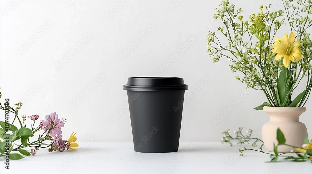Poster elegant disposable coffee cup with black lid standing upright on a clean white background showcasing