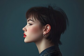 Fototapeta premium A profile shot of a young woman with a bold and modern hairstyle. She has short, slightly tousled hair styled in a pixie cut, giving her an edgy and youthful appearance.