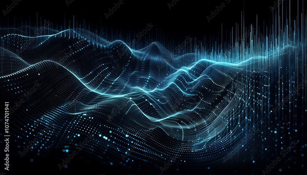 Wall mural Image of horizontal lines of blue particles and undulating 3d landscape on black background. Communication technology, abstract digital interface background concept digitally generated image.