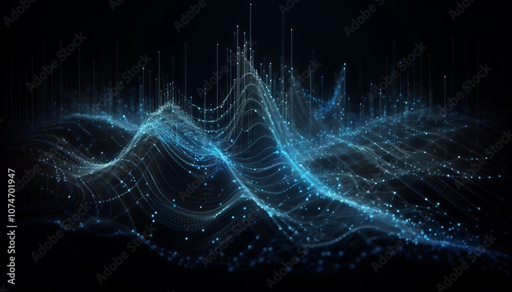 Wall mural image of horizontal lines of blue particles and undulating 3d landscape on black background. communi