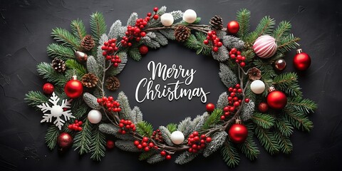 Elegant Christmas Wreath with Pine Branches, Berries, Cones, and Ornaments Creatively Arranged for a Festive Holiday Celebration
