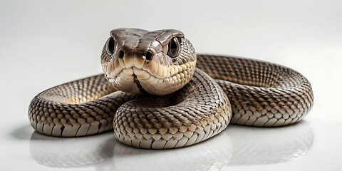 Fototapeta premium a coiled snake with various unique patterns and types, lying on a white background. Realistic view. created with generative AI