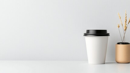 Single coffee cup with a black lid resting on a plain white surface creating a minimalist and elegant aesthetic perfect for product displays branding and commercial photography